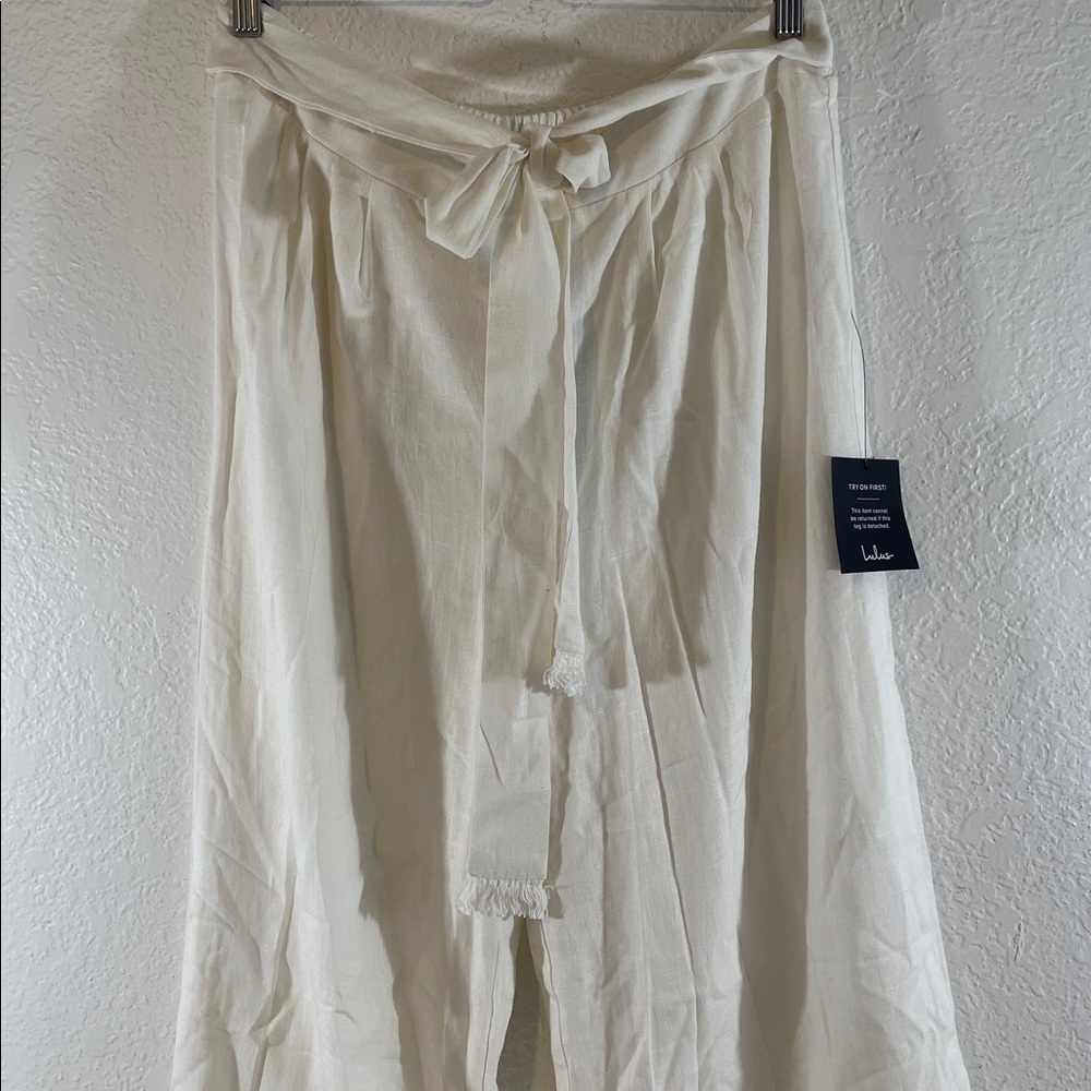 Lulus White Linen Blend with Bow Belted High-Waisted Wide-Leg Pants Size XL NEW - Picture 2 of 9